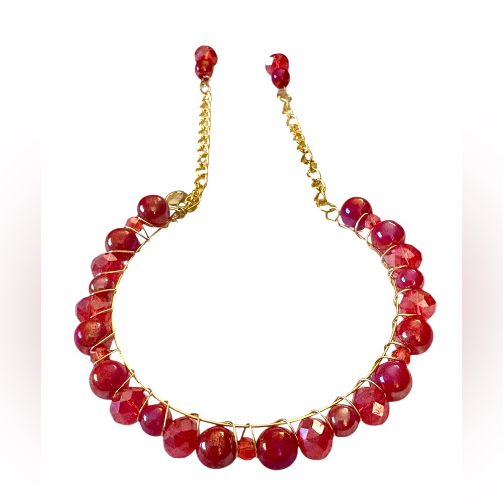Austrian Crystal Beaded Handwired Bangle Bracelet with Extender Chains in Reds